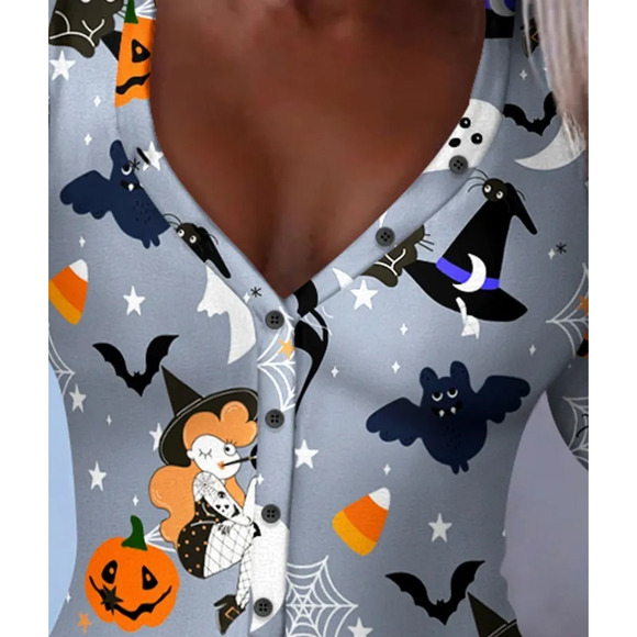 Halloween  Print Button Front Lounge Romper | Chic Me - Picture 3 of 5